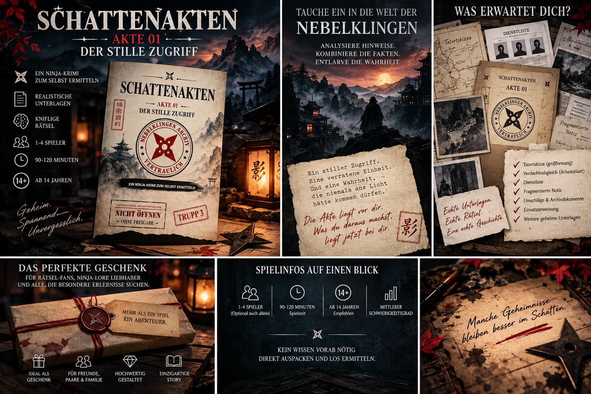 Schattenakten – Akte 01: Der stille Zugriff | Ninja-Krimispiel zum Selberermitteln | Rätselfallakte mit Dokumenten, Hinweisen & digitalen Freischaltungen | Für 1–4 Spieler ab 14 Jahren