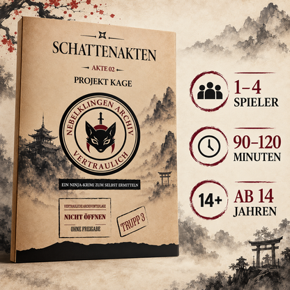 Schattenakten – Akte 02: Projekt Kage | Ninja-Krimispiel | Rätselfallakte mit Zeugenaussagen, Tatortübersicht, Archivdokumenten und digitalen Prüfzugängen für 1–4 Spieler ab 14 Jahren