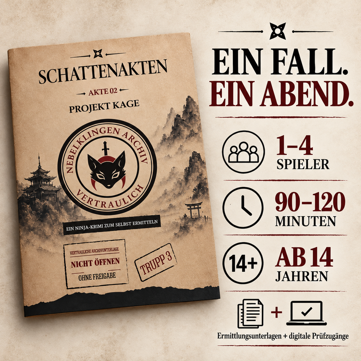 Schattenakten – Akte 02: Projekt Kage | Ninja-Krimispiel | Rätselfallakte mit Zeugenaussagen, Tatortübersicht, Archivdokumenten und digitalen Prüfzugängen für 1–4 Spieler ab 14 Jahren