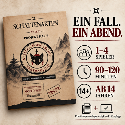 Schattenakten – Akte 02: Projekt Kage | Ninja-Krimispiel | Rätselfallakte mit Zeugenaussagen, Tatortübersicht, Archivdokumenten und digitalen Prüfzugängen für 1–4 Spieler ab 14 Jahren
