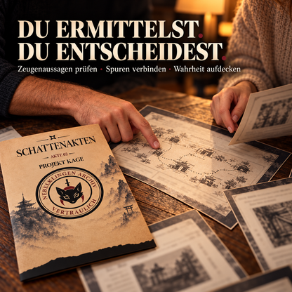 Schattenakten – Akte 02: Projekt Kage | Ninja-Krimispiel | Rätselfallakte mit Zeugenaussagen, Tatortübersicht, Archivdokumenten und digitalen Prüfzugängen für 1–4 Spieler ab 14 Jahren