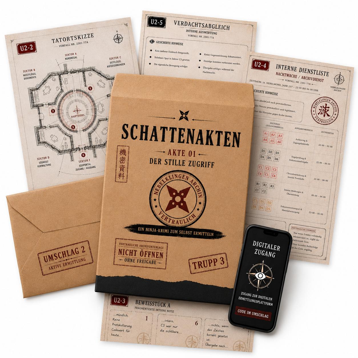 Schattenakten – Akte 01: Der stille Zugriff | Ninja-Krimispiel zum Selberermitteln | Rätselakte mit Dokumenten, Hinweisen & digitalen Freischaltungen | Für 1–4 Spieler ab 14 Jahren