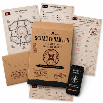 Schattenakten – Akte 01: Der stille Zugriff | Ninja-Krimispiel zum Selberermitteln | Rätselakte mit Dokumenten, Hinweisen & digitalen Freischaltungen | Für 1–4 Spieler ab 14 Jahren
