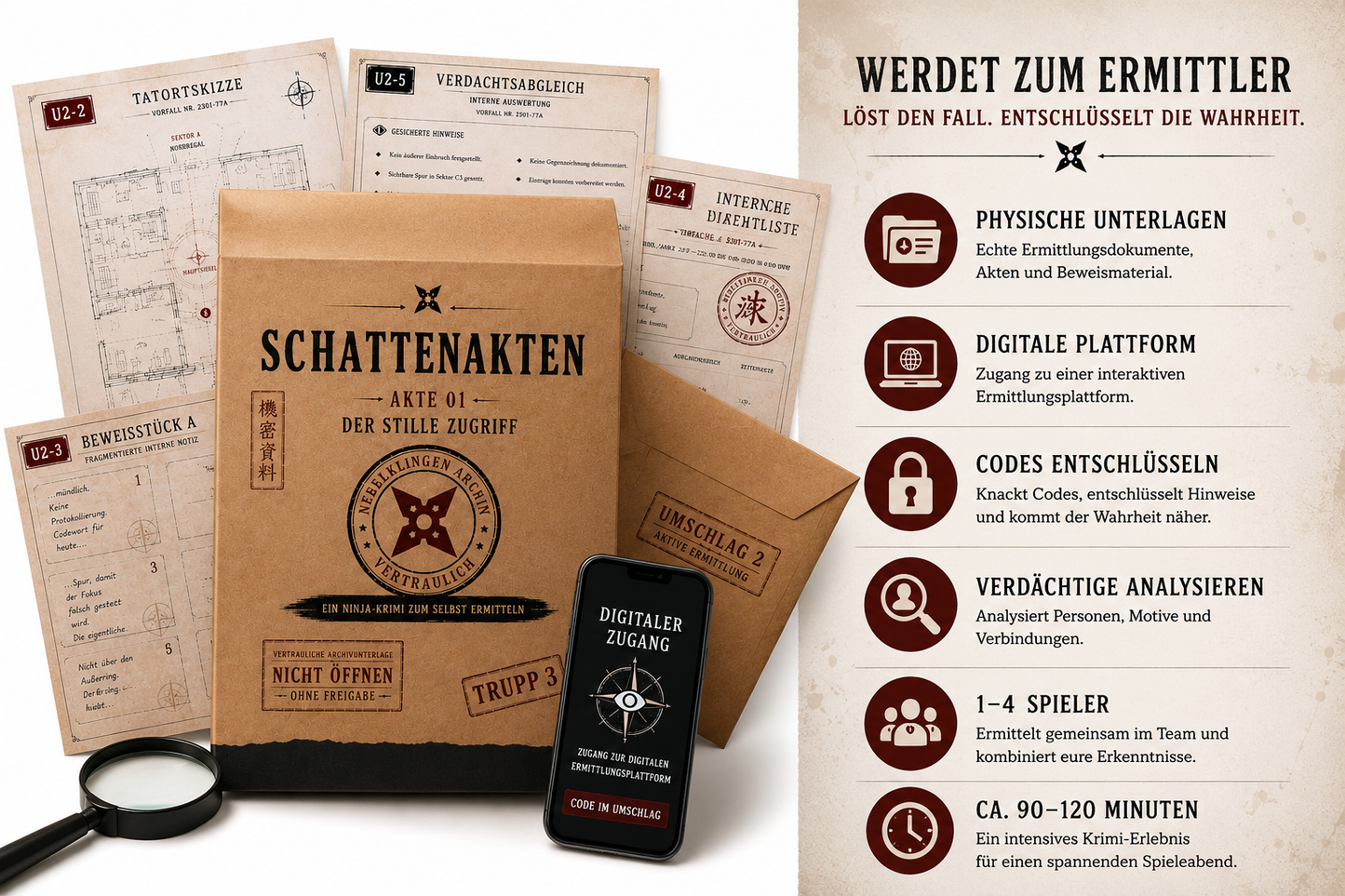 Schattenakten – Akte 01: Der stille Zugriff | Ninja-Krimispiel zum Selberermitteln | Rätselakte mit Dokumenten, Hinweisen & digitalen Freischaltungen | Für 1–4 Spieler ab 14 Jahren