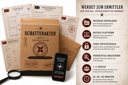 Schattenakten – Akte 01: Der stille Zugriff | Ninja-Krimispiel zum Selberermitteln | Rätselakte mit Dokumenten, Hinweisen & digitalen Freischaltungen | Für 1–4 Spieler ab 14 Jahren